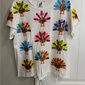 Queen of Sparkle Sequin Turkey Tee - Colorful Feathers